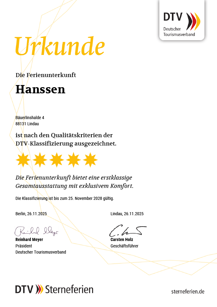 5 Sterne Ferienwohnung Lindau Bodensee- Urkunde 5 Sterne Ferienwohnung Lindau Bodensee- Urkunde